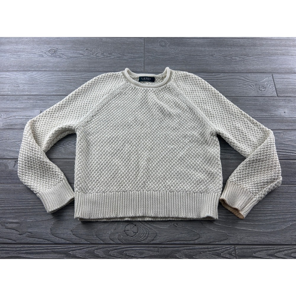 Lauren Ralph Lauren Cream Popcorn Knit Cotton Crewneck Sweater Raglan Sleeve